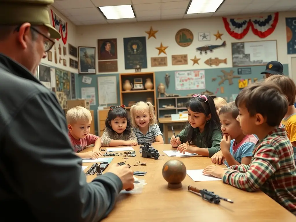 A lively image of children and families participating in a hands-on workshop, handling replica artifacts and listening to a museum guide in a decorated classroom setting with military memorabilia.