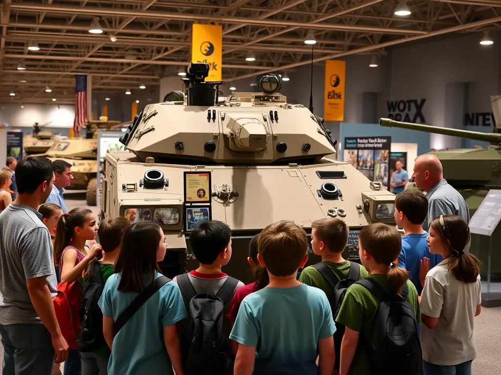 Photographie d’une salle d’exposition du musée, mettant en scène des véhicules militaires restaurés, des uniformes d’époque et des panneaux explicatifs, avec des visiteurs de tous âges observant et échangeant avec un guide passionné.