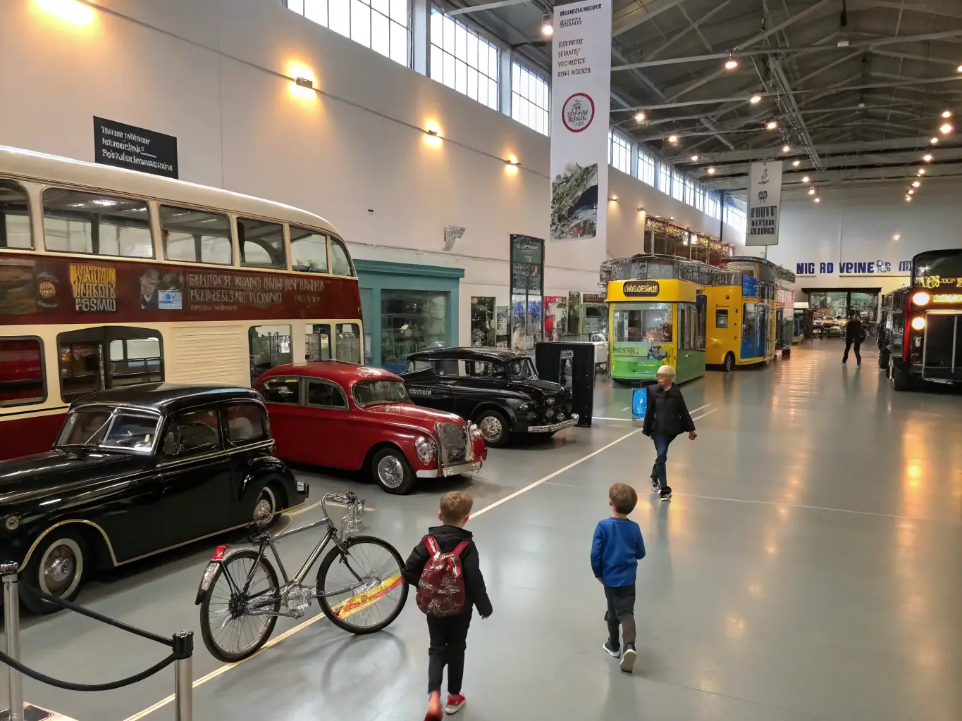 A vibrant photo of a large indoor exhibition hall filled with restored military vehicles from different eras, with visitors of all ages observing and interacting with the displays, under soft museum lighting.