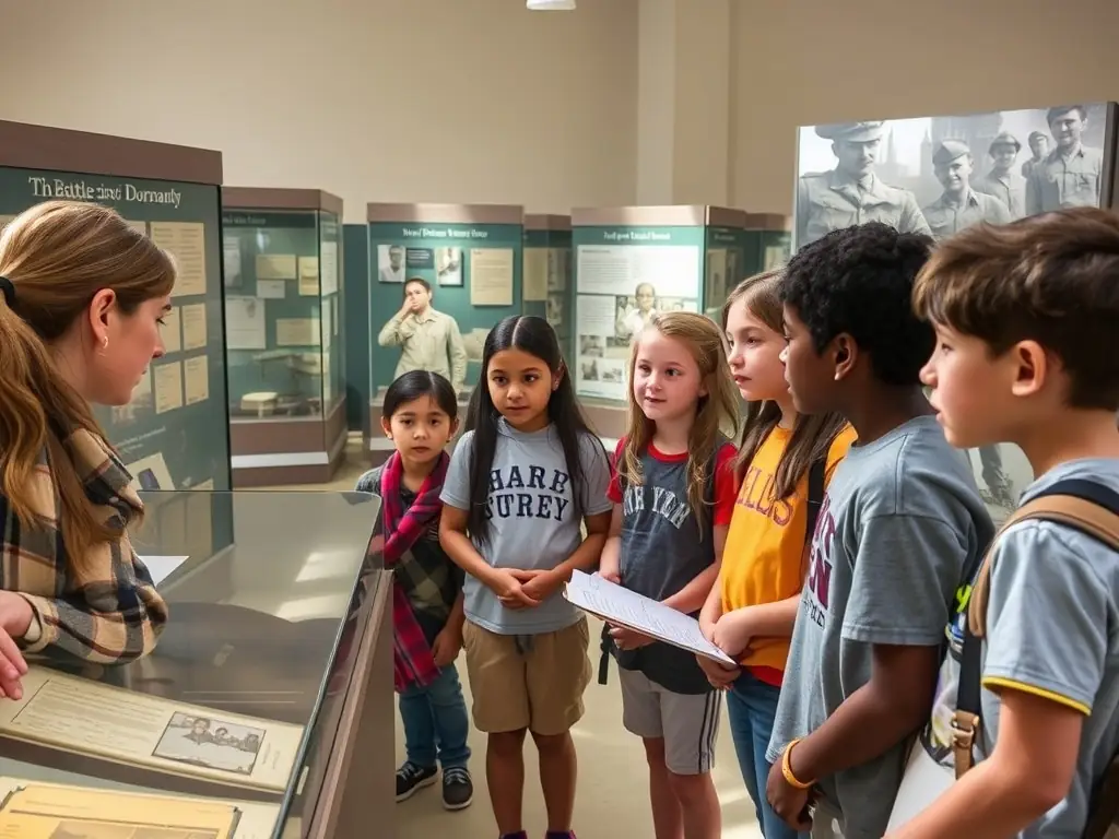Photo d’un atelier pédagogique animé par un médiateur, où des enfants manipulent des objets historiques, dessinent des véhicules militaires et participent à un quiz sur l’histoire, dans une ambiance conviviale et studieuse.