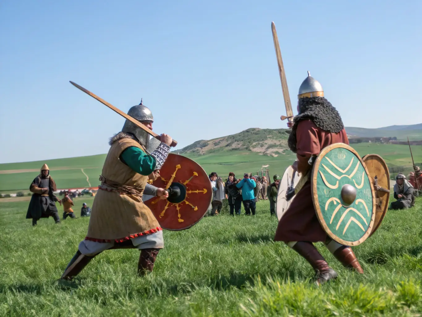 A dynamic outdoor scene of actors in period uniforms performing a World War II battle reenactment, with smoke effects, vintage equipment, and an engaged audience watching from behind safety barriers.